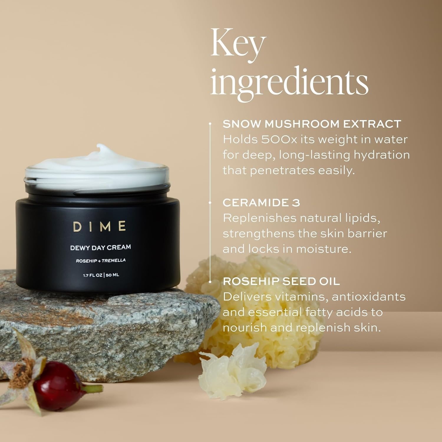 image:imageDIME Beauty Dewy Day Cream AntiAging Hydrating Face Moisturizer with Rosehip Oil Ceramides and Snow Mushroom for Dry and Combination Skin Vegan and CrueltyFree 17 oz 50 mlOff White