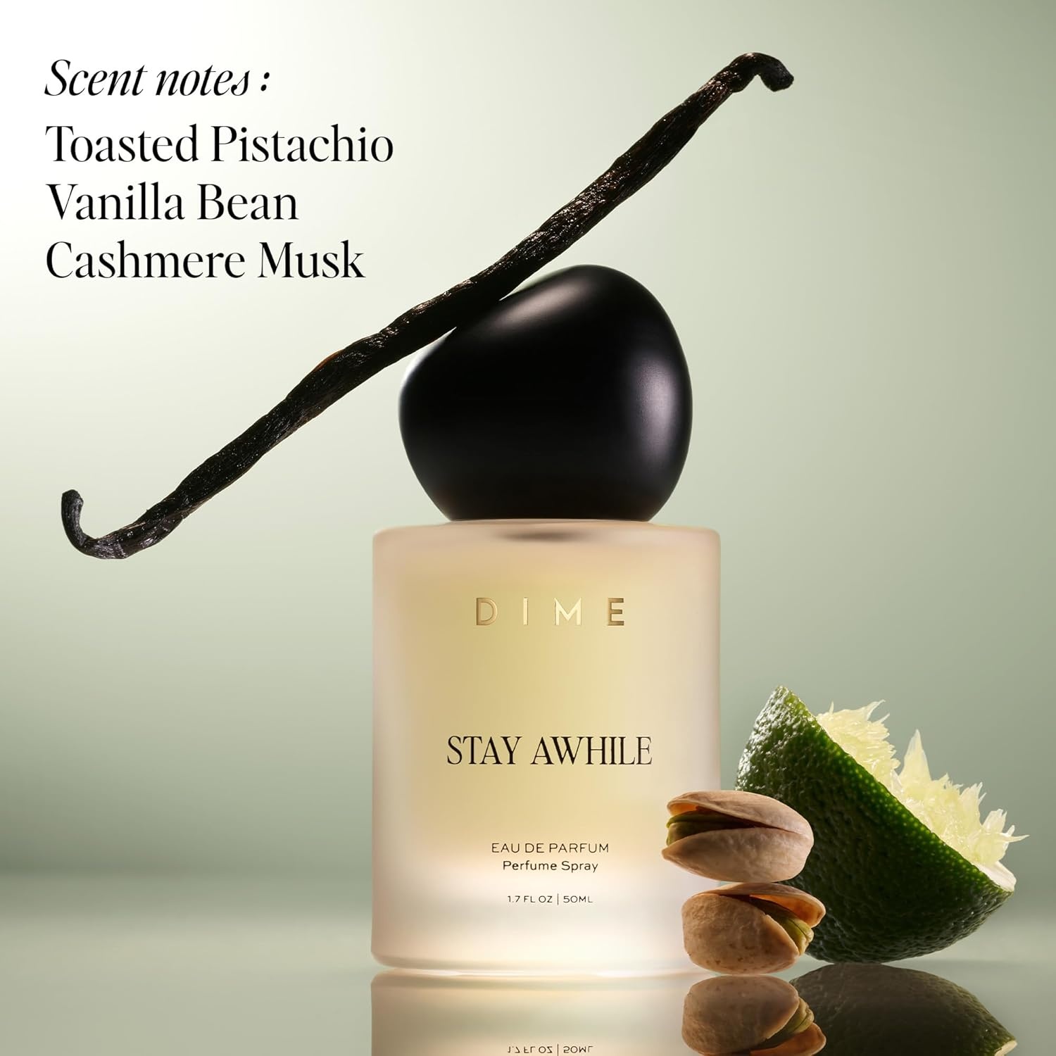 image:imageDIME Beauty Stay Awhile Perfume for Women Warm Gourmand with Toasted Pistachio Cashmere Musk and Vanilla Bean Clean Vegan CrueltyFree Fragrance 17 oz 50 mlClear